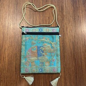 Embroidered Elephant Design Crossbody Bag - Teal and Gold
